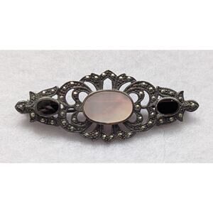 Vintage Filigree Marcasite Bar Pin 925 Sterling Onyx and Mother of Pearl Italy